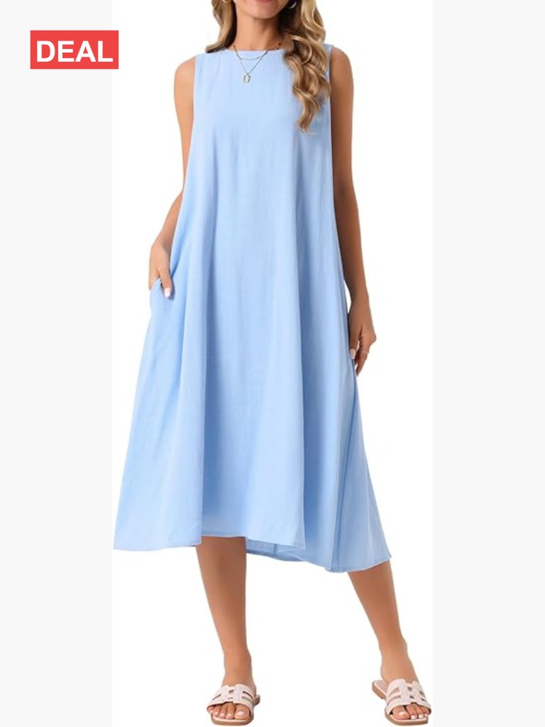 Linen Blend Shift Sundress With Pockets Sleeveless Crewneck Loose Fit